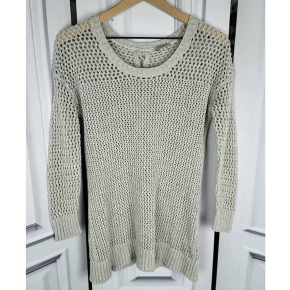 LUCKY BRAND LACE UP BEIGE CROCHET PULLOVER SWEATER - SIZE SMALL - Picture 2 of 8